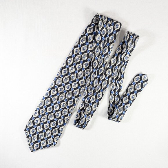 Oscar de la Renta 100% silk necktie, black white blue chinoiserie pattern - Picture 2 of 10